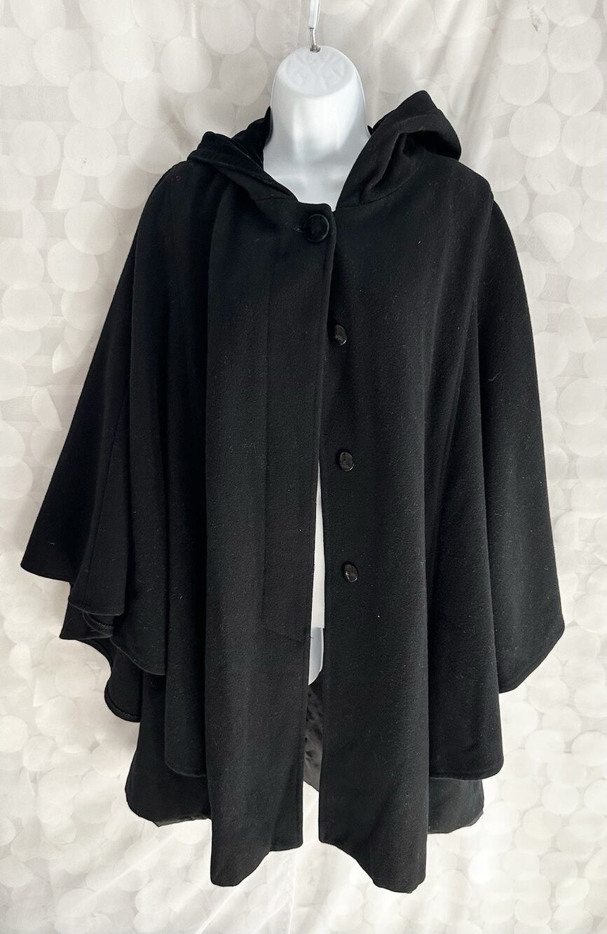VTG 100% Wool Black Large Cape Mid Length Velvet Hood Herman Kay
